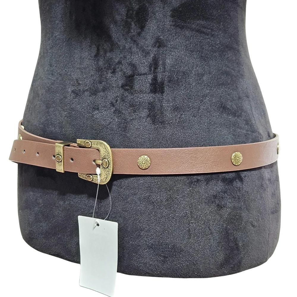 LP Blu Linea Pelle Brown Gold Western Belt Gold Buckle Cabochon Studs Classic
